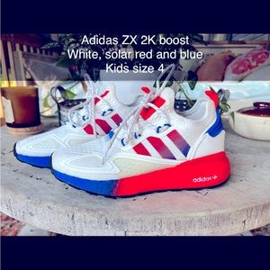 Adidas ZX 2k boost. White, solar red and blue. Kids size 4